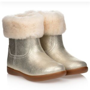 UGG Gold Jorie II Leather Boots w/ Sheepskin Trim. KIDS